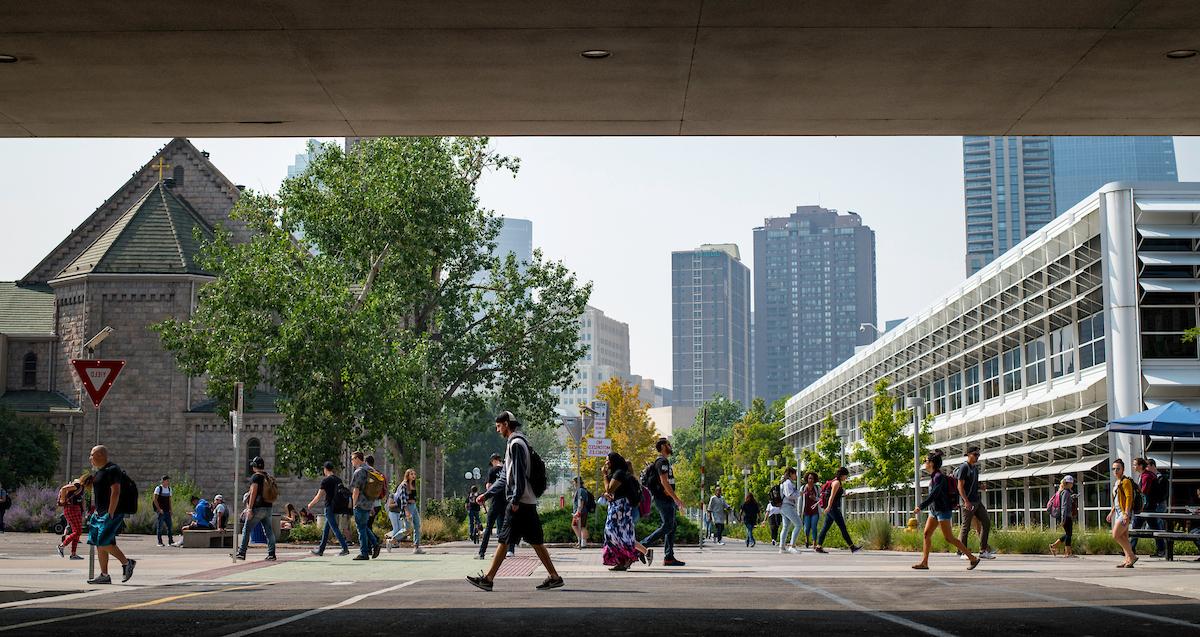 Students walking past the Auraria Campus Library